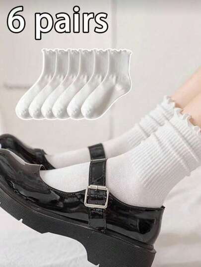 6 pares de calcetines de encaje con ribete de lechuga blancos para mujer, calcetines versátiles de arruga, calcetines de tobillo de punto decorativo, estilo lindo y femenino, adecuados para uso diario