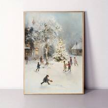 1 pieza, 30.48x40.64 cm, sin marco, impresión de escena navideña invernal vintage, arte de pared de niños jugando en la nieve, decoración del hogar para festividades, impresión artística nostálgica, descarga digital, N113, pintura divertida y creativa en lienzo para decoración de pared, para hogar - Sin marco - Ver 2