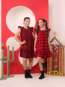 Junior Girl's Checkered Dress For June Festival, Light And Elegant, Flared - 方格/紅/黑 - 查看 5