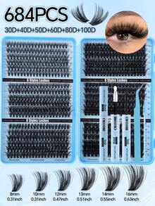 720/684/648pcs D Curl Individual Eyelashes With Bond And Seal, Mascara Wands, Tweezers, Beginner Friendly Fake Lashes Set, Cluster Eyelash Extensions Kit, Bundle Eyelash Soft Natural Look, Long Lasting False Lashes, Lightweight Reusable Wispy Lash - Blue - View 17