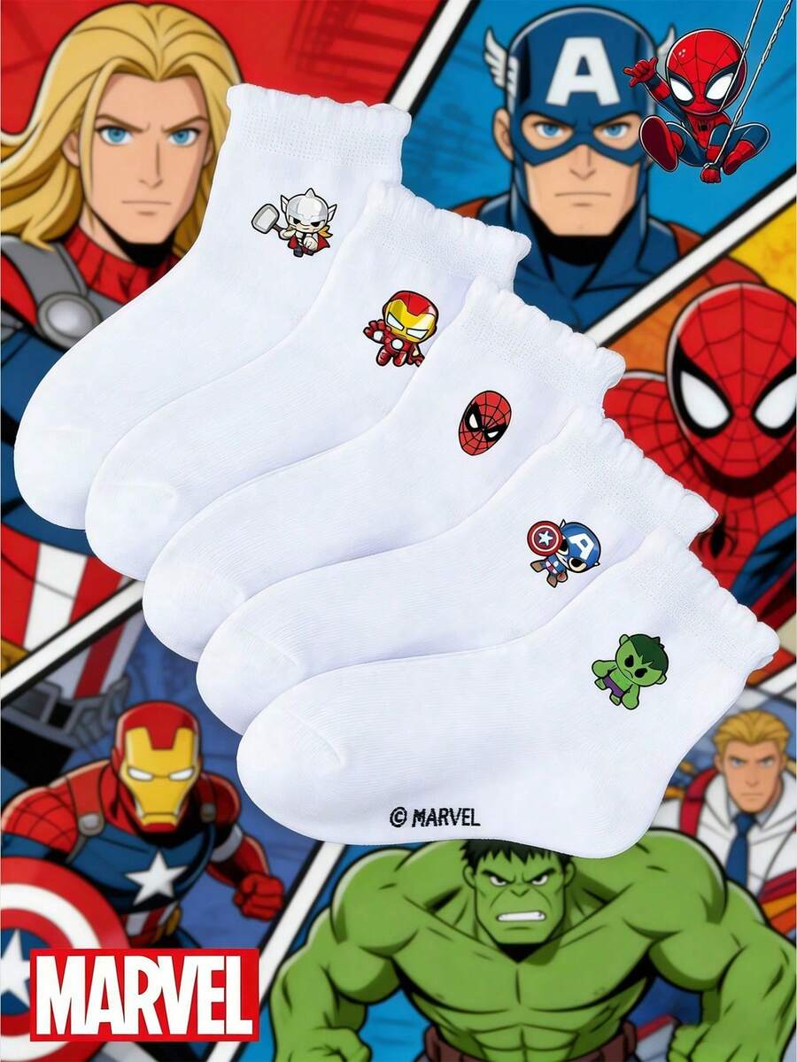 1/5 Pack Marvel Cartoon Cute Pattern Children's Socks, Ruffle Socks, Bubble Ruffle Socks. Boys' Socks, Girls' Socks, Toddler Socks, Suitable For Daily Wear, Party Gifts, Easter Gifts, Spring/Summer Gifts. Suitable For All Seasons, Soft & Comfortable, Non-Slip Crew Socks. Children's Fashion Accessories. - Multicolor - View 1