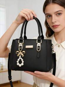 1pc Fashion Versatile Soft & Comfortable Fabric Minimalist Black Handbag, With Pearl Bow Pendant Accessory, Suitable For Travel, Outing, Shopping - Black - View 7