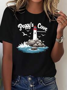 Women's Soft T-Shirt, Featuring The Pey's Cove (Nova Scotia) Lighthouse - Black - View 1