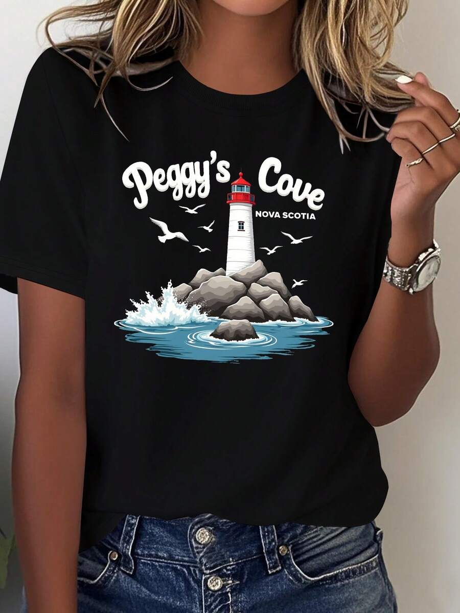 Women's Soft T-Shirt, Featuring The Pey's Cove (Nova Scotia) Lighthouse - Black - View 1