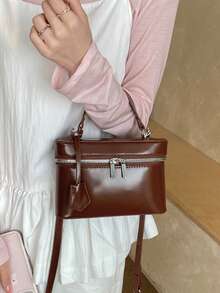 BEIKAMU 1 buah Tas Persegi PU Warna Solid Modis, Penutup Resleting, Tas Kotak Serbaguna untuk Wanita, Tas Selempang dengan Tali Bahu yang Dapat Diatur, Cocok untuk Universitas, Perjalanan, Belanja, Jalan-jalan, dan Penggunaan Sehari-hari - Coklat - View 2