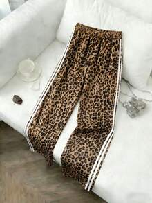 Pantalones de cintura elástica con estampado de leopardo y decoración de rayas laterales para mujer talla grande, vacaciones primavera marrón - Marrón - Ver 2