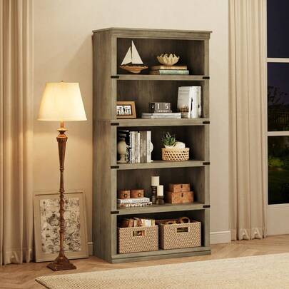5-Shelf Bookcase, Modern Floor Standing Display Storage Shelves, 32'' Wide Freestanding Wooden Bookshelves With Open Compartment, Bookcase Home Decor Furniture For Office, Library, Gray