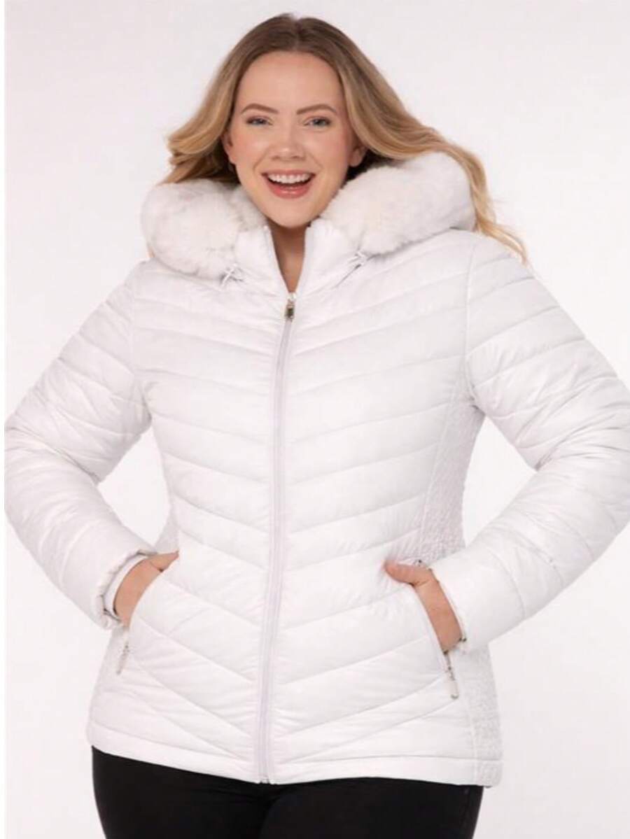 Women's Puffer Jacket With Faux Fur Lining, Comfortable - Blanco - Ver 1