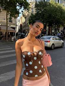 Sexy Polka Dot Fitted Hollow Out Lace-Up Camisole Summer - Blue-brown - View 3