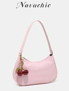 1pc Novachic Spring/Summer Fabric Cute Cherry Decor Minimalist Shoulder Bag, Zipper Closure, Retro Style, Underarm Bag, Suitable For Multiple Occasions - Baby Pink - View 2