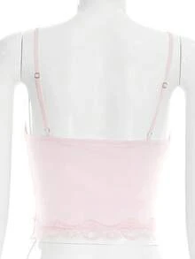 Sexy Lace Trim Camisole Crop Top Summer - Baby Pink - View 3