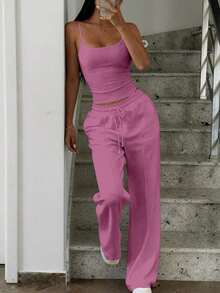 Women's Simple Solid Color Camisole And Drawstring Waist Sweatpants Set Summer - 玫瑰粉 - 查看 4