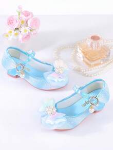 Shiny Rainbow Princess Girl's High Heels, Glitter Blue Formal Shoes With Faux Pearl And Rhinestone Decor, Non-Slip Rubber Sole, Closure, Suitable For Performance And Party - Blue - View 3