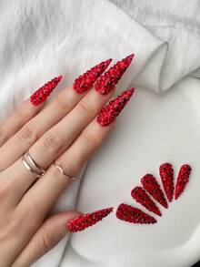 Y2K Luxury Long Pointed Nail Tips, Handmade, Clear Nail Plates, Red Rhinestones, Shiny Full Coverage 3D Design - Full Coverage DIY Shiny Artificial Nails, Elegant, Glamorous, Suitable For Party, Outdoor, Beach, Daily, Holiday, Gathering, Work And Special Occasions - 10pcs/Pack - Multicolor - View 5