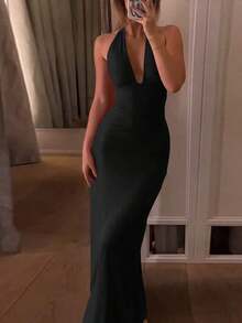 Women's Solid Color Tie-Up Backless Spaghetti Strap Ruched Long Dress, Sexy & Elegant Party Evening Gown - 酒紅色 - 查看 8
