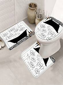 1/4 Set Black & White Bathtub Relaxing Bubble Print Bathroom Shower Curtain Set; Minimalist Artistic Style, Waterproof ; Includes 12 Hooks, Toilet Seat Cover, Bath Mat & Rug; Made Of High-Quality Washable & Mildew-Resistant Plastic Material. - Multicolor - View 9