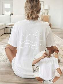 2026 New Summer Collection, [Double-Sided Print] Spring/Summer Loose Casual Women's Clothing, White Line Sun And Sea Pattern Print, Short-Sleeved Round-Neck T-Shirt 100% Cotton, Sizes S–7XL - 白色 - 查看 1