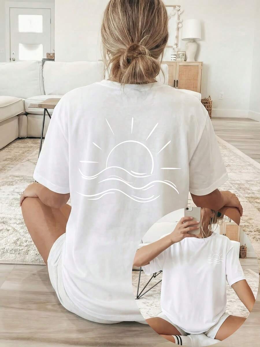 2026 New Summer Collection, [Double-Sided Print] Spring/Summer Loose Casual Women's Clothing, White Line Sun And Sea Pattern Print, Short-Sleeved Round-Neck T-Shirt 100% Cotton, Sizes S–7XL - 白色 - 查看 1