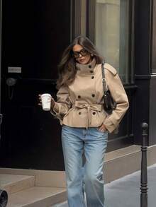 Elio Closet 女士宽松短款高领休闲风衣，卡其色系带长款防风外套，复古夹克，适合办公室穿着、冬季外套、圣诞节和新年穿着 - 卡其色 - 查看 2