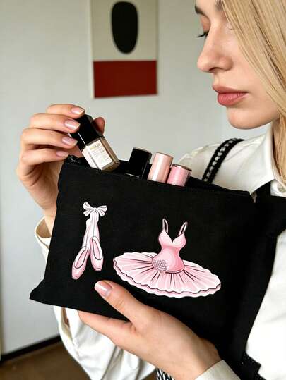 Túi đựng mỹ phẩm màu đen họa tiết ba lê dành cho nữ, túi xách tay, túi vải bố có khóa kéo, váy ba lê cổ điển dễ thương, giày khiêu vũ, họa tiết hoa hồng, nơ, túi du lịch, túi đựng đồ dung tích lớn, túi đựng mỹ phẩm nhỏ, túi xách tay khi đi khiêu vũ, thích hợp để đựng đồ tập thể dục yoga, quà tặng sinh nhật cho bé gái, quà tặng Ngày của Mẹ, quà tặng mùa xuân/hè, quà tặng mùa tựu trường.