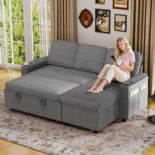 Corner Sofa Bed, L-Shaped Sleeper Sectional Couch Bed, 3-In-1 Corduroy Convertible Pull Out Sofa Bed With Adjustable Backrest, Storage And Cup Holder For Living Room, Grey - 3人位L型燈芯絨深灰色 - 查看 11