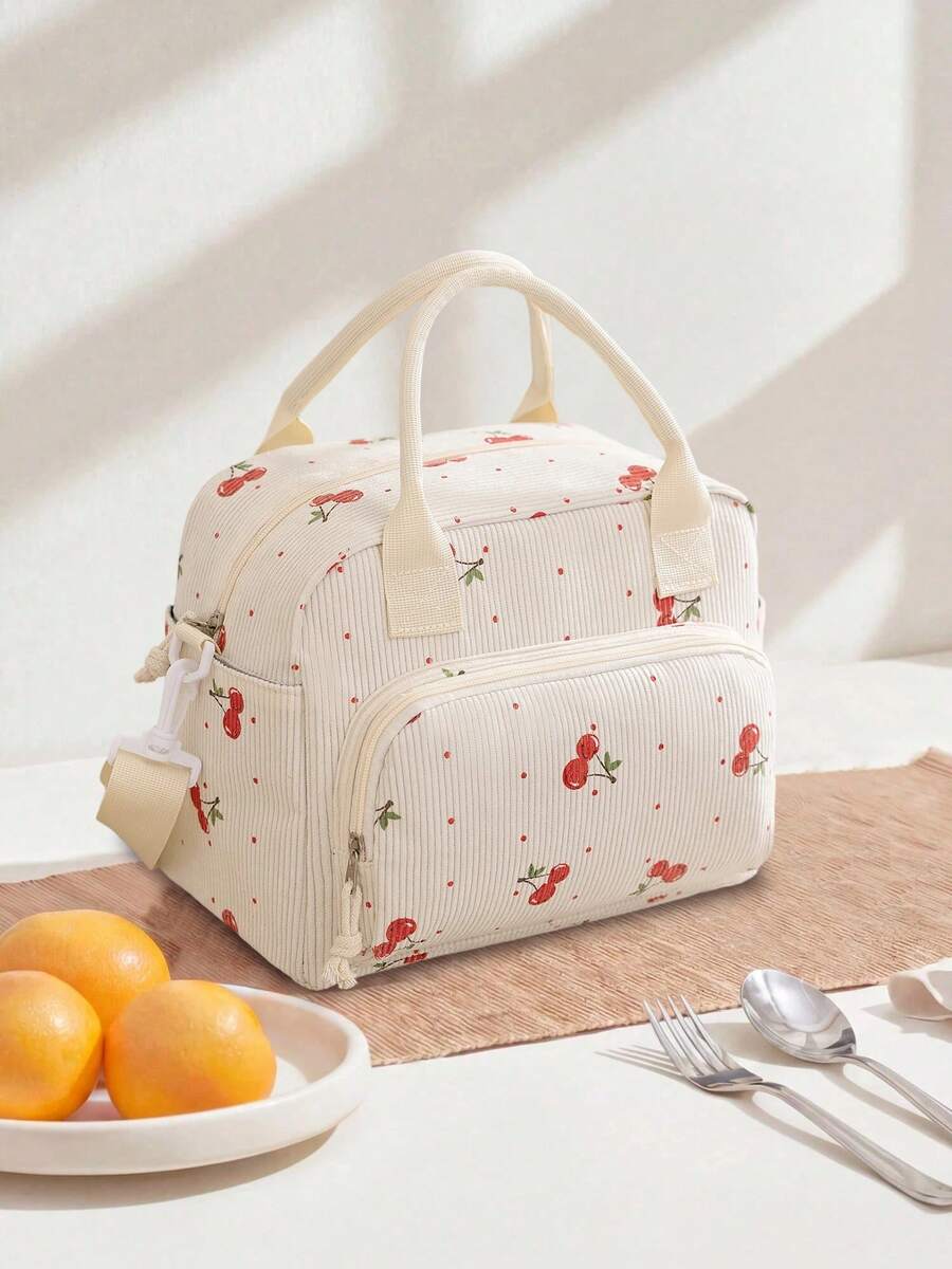 1个新款灯芯绒午餐包，多功能保温冷藏包，樱桃印花保温午餐包，带肩带，晚餐保温包，加厚可爱午餐水果包，带口袋的便当包，带加厚铝箔内衬的防漏保温便当盒