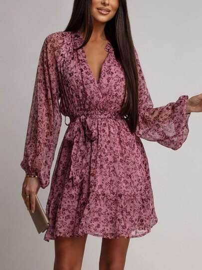 Women's Elegant Bohemian Waist Belt Casual Commute Beach Vacation Short Dress, Spring/Summer