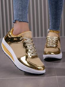 Giày thể thao đế xuồng chất liệu kim loại vàng dành cho nữ - Giày thể thao đế xuồng buộc dây trơn, giày casual phong cách rock thời trang. - Vàng - Xem 5