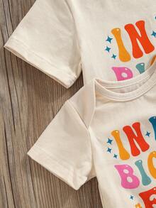 Conjuntos a juego para hermanas hermana mayor y hermana menor para niñas, ropa de verano: mono/camiseta de manga corta con estampado de letras. - Beis - Ver 4