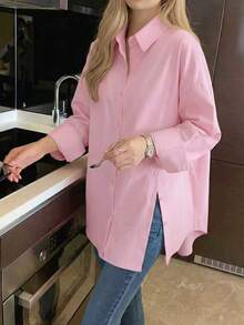 Chemise à boutons frontaux de couleur unie avec poche, convient pour la maison, le port quotidien, le printemps, l'automne, l'hiver Rose - Rose bonbon - Voir 2