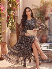 Đầm nữ cổ chữ V in hoa thanh lịch, thích hợp cho kỳ nghỉ - màu đen - Xem 2