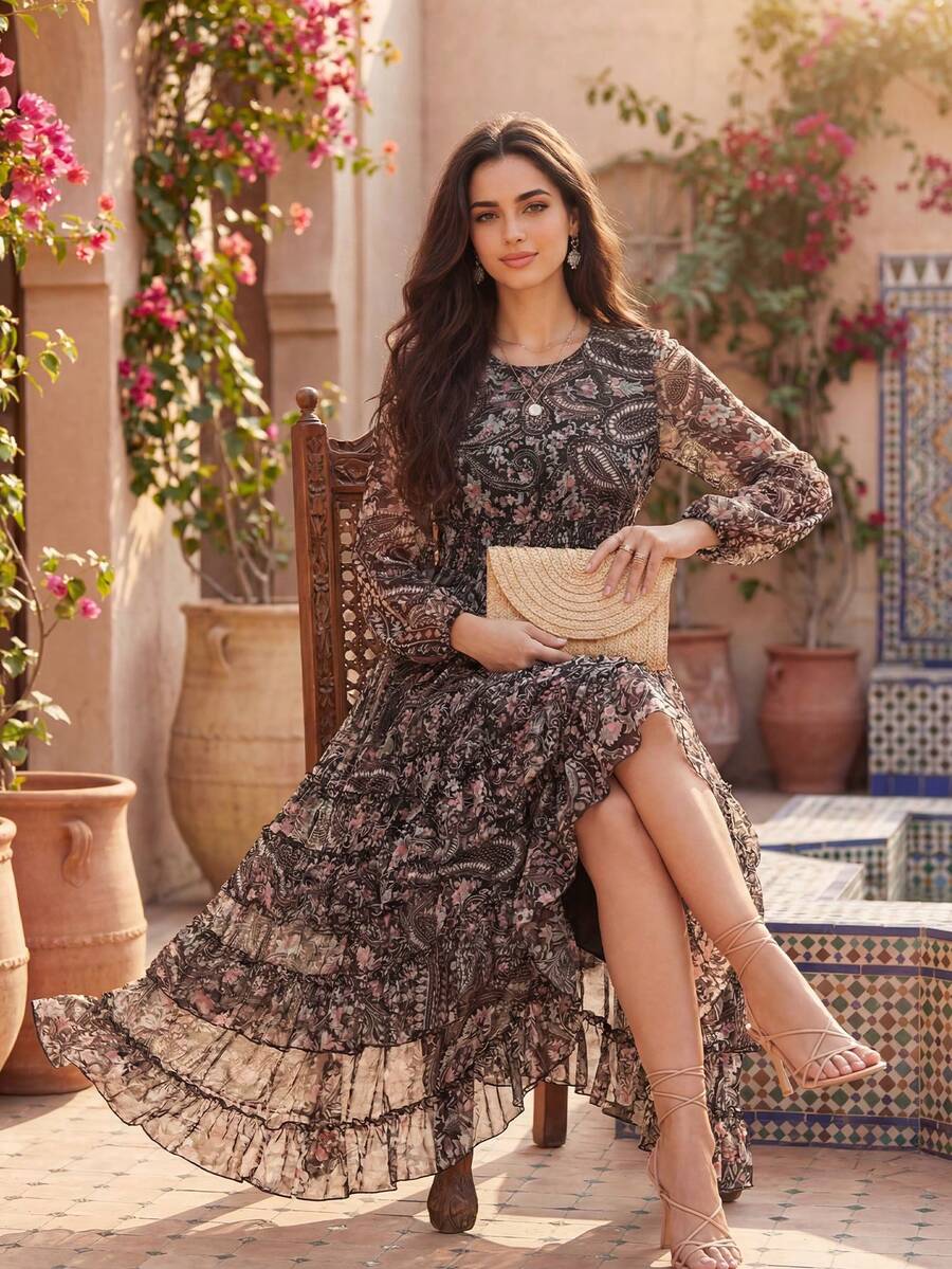 Đầm nữ cổ chữ V in hoa thanh lịch, thích hợp cho kỳ nghỉ