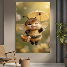 Plano 2D, 1 pieza de pintura en lienzo plana 2D sin marco: Una encantadora obra de arte decorativa con una adorable abeja sosteniendo un pequeño paraguas y una cesta, con un fondo de suave sombra floral que resalta la belleza natural. Disponible en varios s: 12x18, 16x24, 24x36 pulgadas. Un - Enmarcado - Ver 5