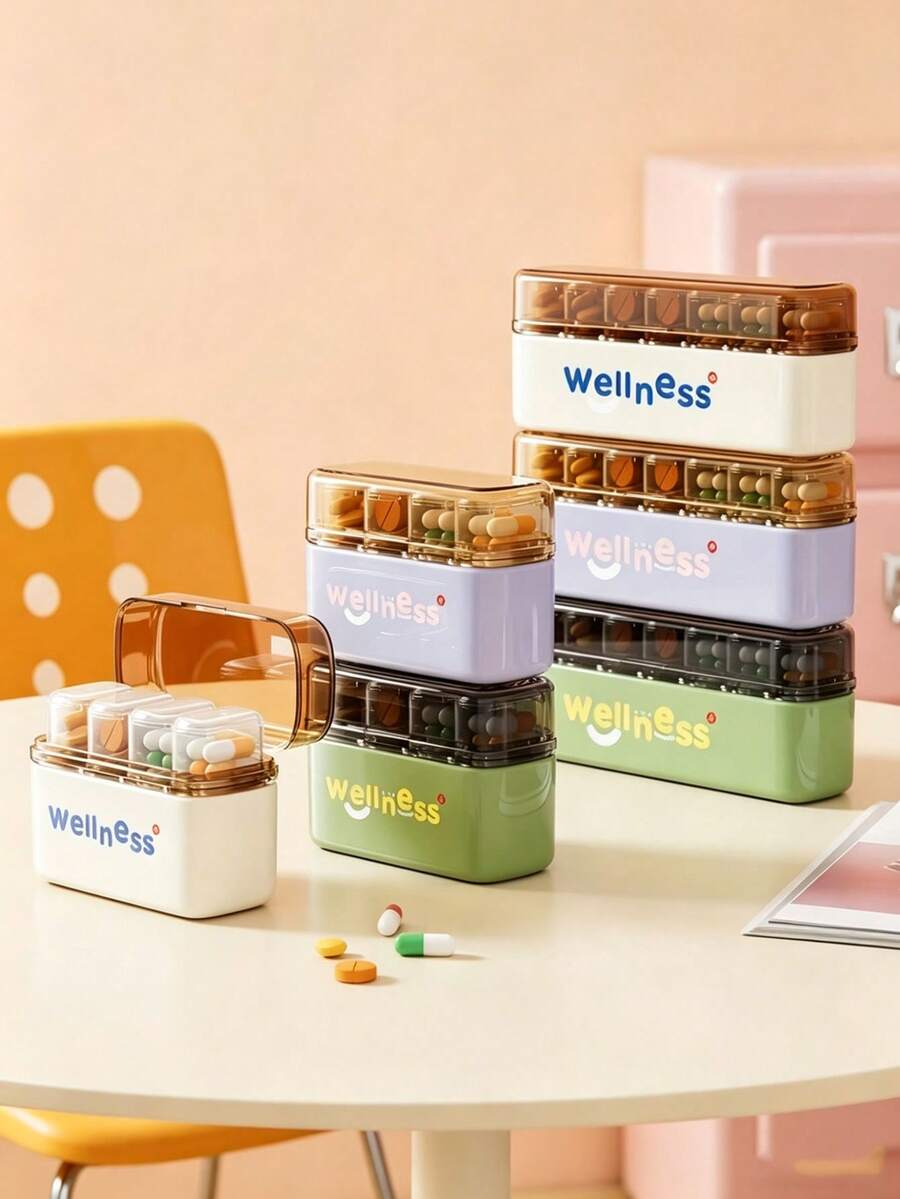 1pc Portable 4-Slot/7-Slot Weekly Pill Box With Lid, Dust-Proof Long Transparent Storage Box. Perfect For Outdoor, Travel Storage Of Pills, Vitamins And Medications (English Letters On Sticker Part Randomly Colored) - Multicolor - View 1