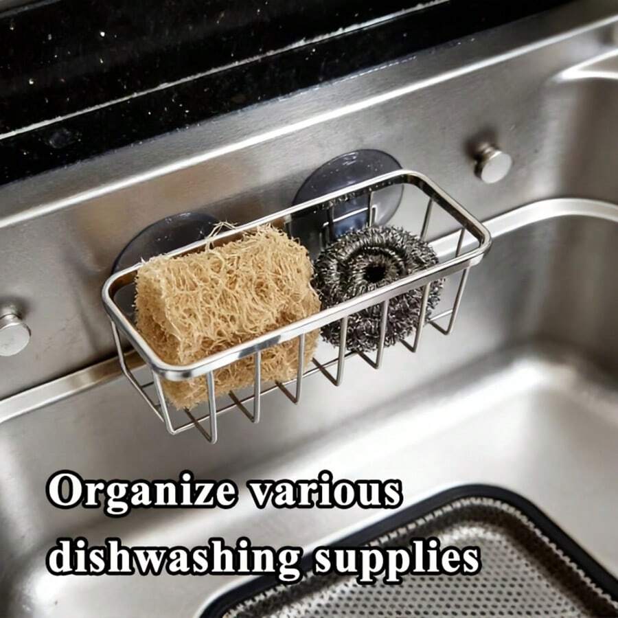 Keranjang Penyimpanan Kreatif Stainless Steel dengan Dua Perekat Hisap, Rak Organizer Dapur dan Kamar Mandi, Tempat Spons Wastafel, Rak Penyimpanan Toilet, Keranjang Penyimpanan Multifungsi - 1 buah - View 1
