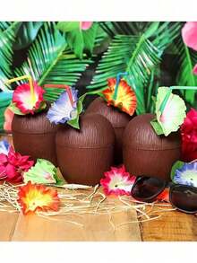 6/3pcs Hawaiian Theme Coconut Cups With Lids And Flower Straws, Suitable For Desserts And Ice Cream, Beach Party, Pool Party, Summer Outdoor Activities, DIY Drinks, Graduation Celebration, Indoor Home Decor - Multicolor - View 9