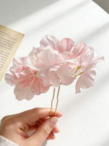 1pc Pink Floral U-Shaped Hair Clip, Vacation Beach Vibe Hair Accessory, Party & Wedding Hairstyle Decor,Summer,Festival,Birthday - Multicolor - View 1