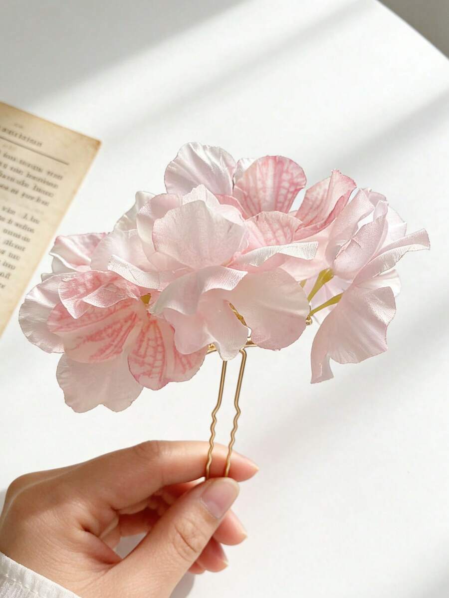 1pc Pink Floral U-Shaped Hair Clip, Vacation Beach Vibe Hair Accessory, Party & Wedding Hairstyle Decor,Summer,Festival,Birthday - Multicolor - View 1