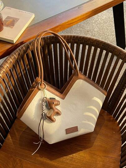 Contrast Color Shoulder Bag, Women's Casual Shopping Bag With Horse Charm