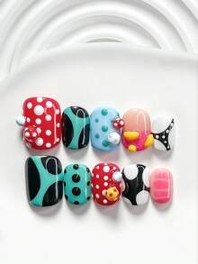 10pcs Handmade Dopamine-Inspired Nail Art Set, Including Gel Nail Kit, Colorful Beaded Nail Accessories, Hand-Painted Green Stripes, Black & White Polka Dots, Pink Zebra Print, Black, Red, Blue, White Nail Polish, 1 Jelly Sticker + 1 Nail File. Available In 3 Sizes: Square, Short Square, Almond. Suitable For Parties, Daily Wear, Events, Photography, Spring/Summer Commute - Nhiều màu - Xem 2