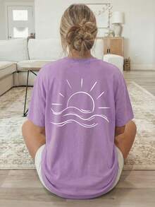 Nueva Colección de Verano 2026, [Estampado de Doble Cara] Ropa Casual Holgada de Primavera/Verano para Mujer, Estampado de Sol y Mar con Líneas Blancas, Camiseta de Manga Corta con Cuello Re - Morado - Ver 2
