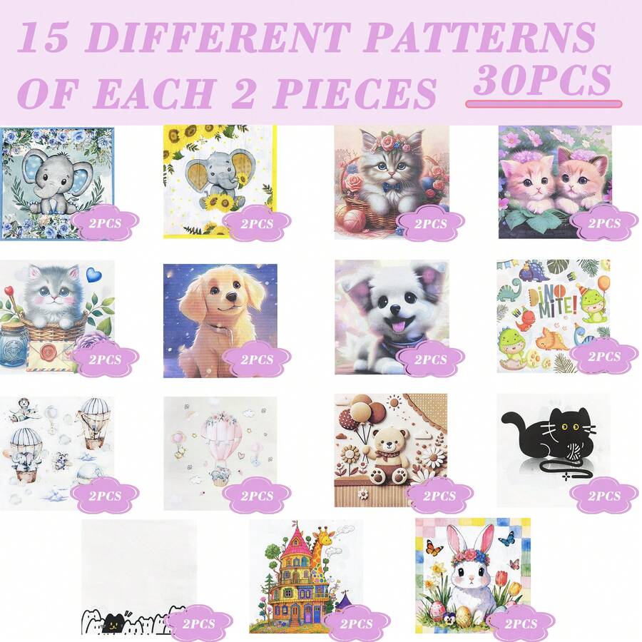 30pcs 13 * 13 Inch Cartoon Animal Themed Disposable Decorative Napkins, Including 15 Different Cartoon Animal Themed Designs, 2 Sheets Of Each Design, For A Total Of 30 Sheets.