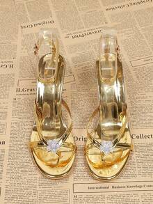 Giày sandal cao gót mũi nhọn đính đá lấp lánh dành cho nữ, thích hợp cho công sở, tiệc tùng, đám cưới, hộp đêm, giày cao gót thời trang nữ. - Vàng - Xem 2