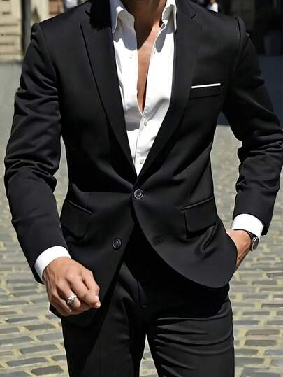 男士黑色双排扣西装外套（1件）| 正式优雅 | 高品质抗皱涤纶混纺面料 | 修身双排扣设计，配以戗驳领 | 适合商务会议、婚礼及正式场合 | 经典时尚必备单品