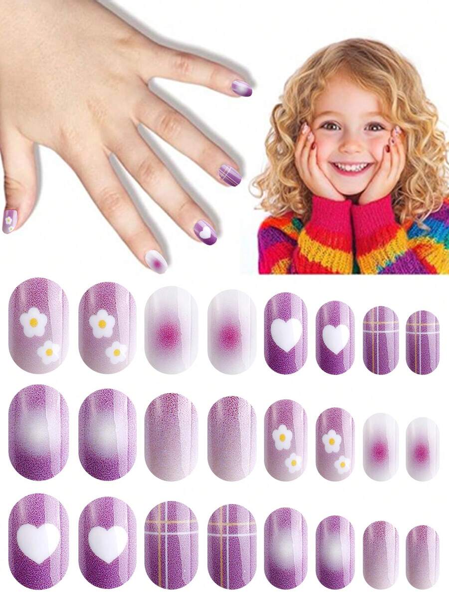 NAIO 24pcs Kids Press On Nails, Purple Gradient Flower Heart Plaid Full Cover False Nails Colorful Full Cover Short False Nails For Girls, Cute Mixed Pattern Wearable Nail Kit With Storage Box & Nail File - Multicolor - View 1