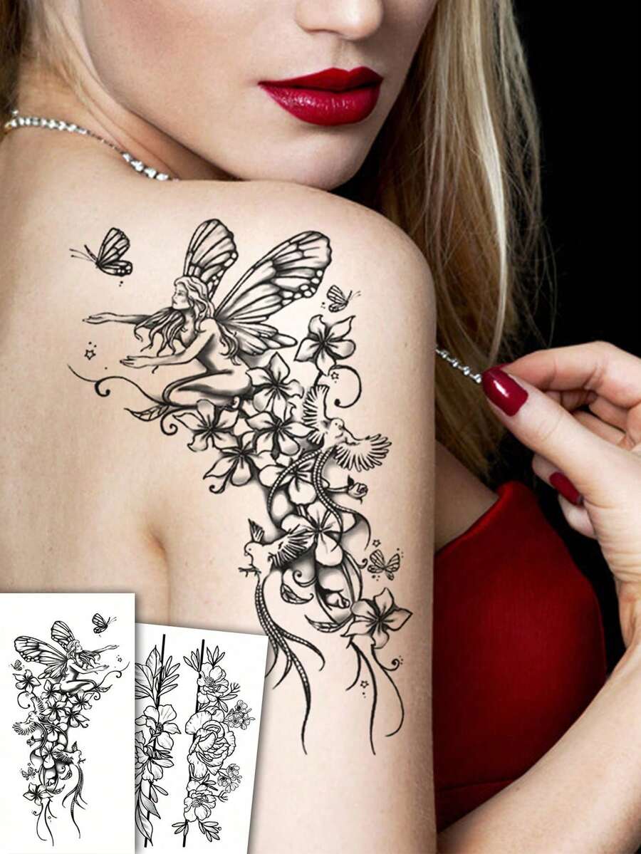 2 feuilles de tatouages temporaires pour femmes, motifs de fleurs noires, oiseaux, papillons et fées. Tatouages temporaires imperméables durant 2 à 5 jours, peuvent être utilisés sur les bras, les épaules, le cou, la taille ou les jambes. Convient pour les festivals, les fêtes, les mariages et comme cadeau. Peut également être utilisé comme décoration corporelle. Style croquis. - Noir - Voir 1