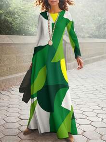 Ladies Elegant And Sexy Dress Long Dress Resort Style Beach Dress Green Yellow White Abstract Geometric Pattern Print - Multifärgad - Visa 3