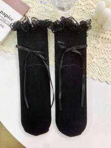 1/3 双可爱百搭镂空蕾丝荷叶边蝴蝶结中筒袜 - 彩色 - 查看 9