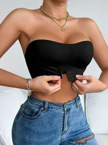 2pcs/Set Front Clasp Solid Color Strapless Bra With Upgraded Non-Slip Silicone Strips, Comfortable Wireless Bra With Cups, Non-Traditional Lift And Gather Bra Women, Black + Beige - 多色 10 - 查看 8