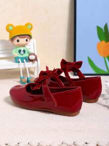 1 Pair Minimalist Fashion British Style Bow Solid Color Elegant Flat Shoes For Girls, Suitable For Daily Wear, Spring/Summer - Red - View 2
